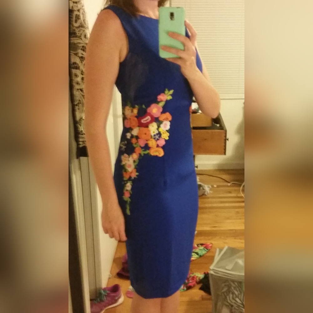 Chi Chi London Royal Blue Bodycon Dress with Floral Embroidery Applique, size 10